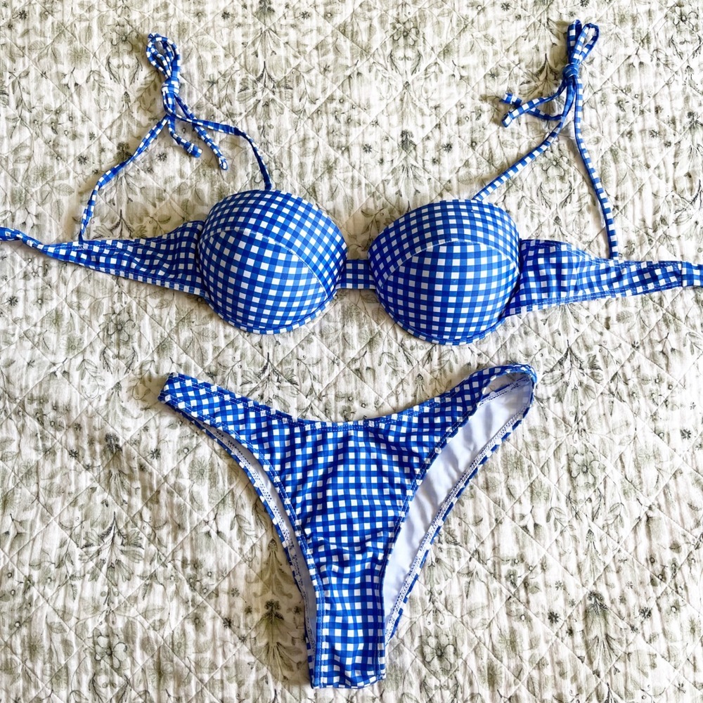 Blue Ginghamβ Check Underwire Bikini Set High Cut Swimsuit Womens Medium